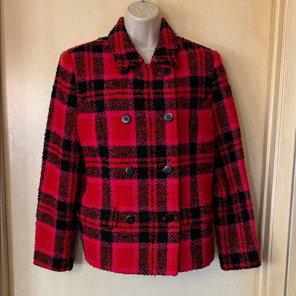 Valerie Stevens Vintage Red, Pink and Black Plaid Tweed Jacket size 10P